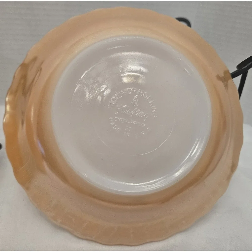 Vtg 2 Fire-King Peach Lustre Swirl Bowls with Meta Scroll Stands Anchor Hocking